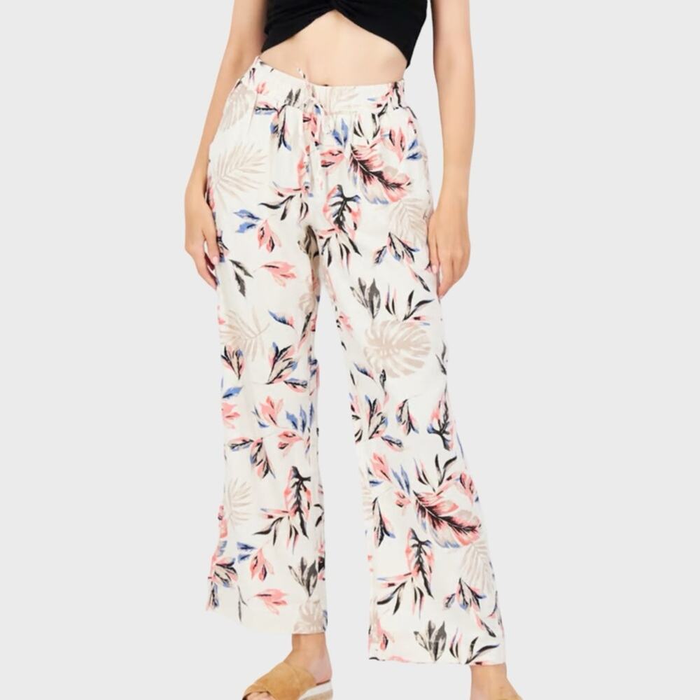 NWT Drawstring Floral Pants Size L Linen Blend Relaxed Beachy Boho Lagenlook